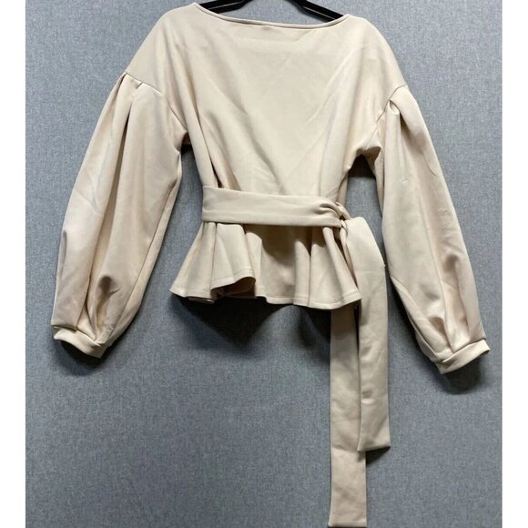 Shein Women's Long Sleeve Ruffle Blouse Off Shoulder Sz. Sm Tie Waist Wrap Beige - Picture 6 of 6